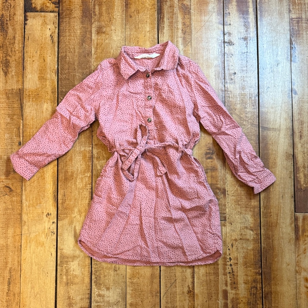 H&M Dress Dusty Rose 4T belted cotton black dots Easter spring boho